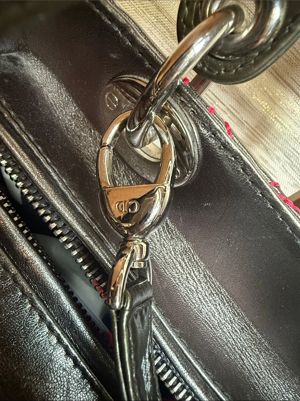 Dior Silver Grey Quilted Leather Satchel with Hot Pink Stitching & Charms